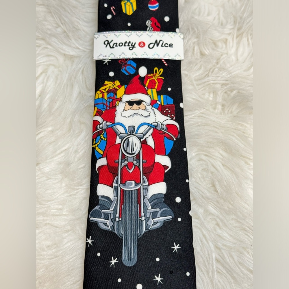 🎄NWT Knotty & Nice Motorcycle Biker Santa Christmas Tie - Picture 2 of 8